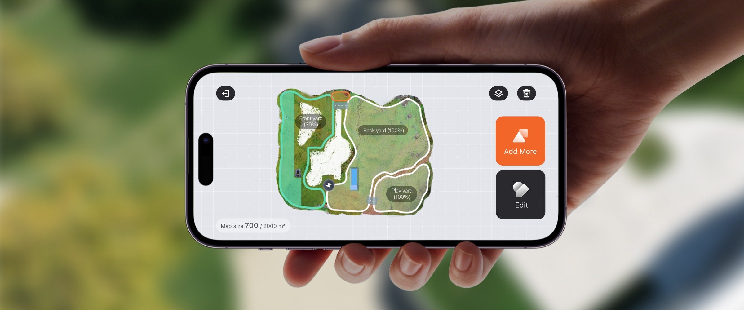 Navimow i110E robot lawn mower app map on smartphone screen.