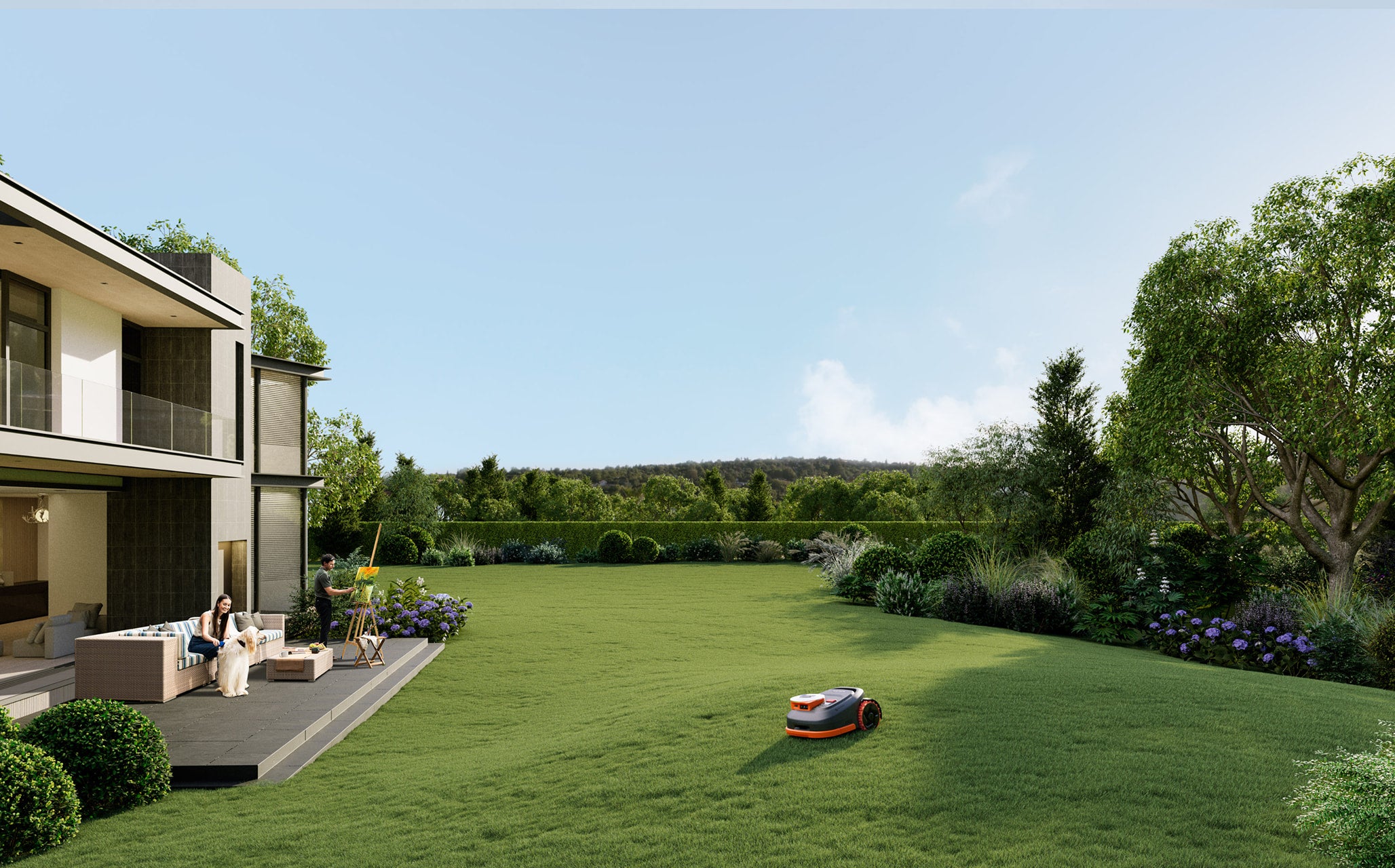 Navimow i110E robot lawn mower mows the large green garden.