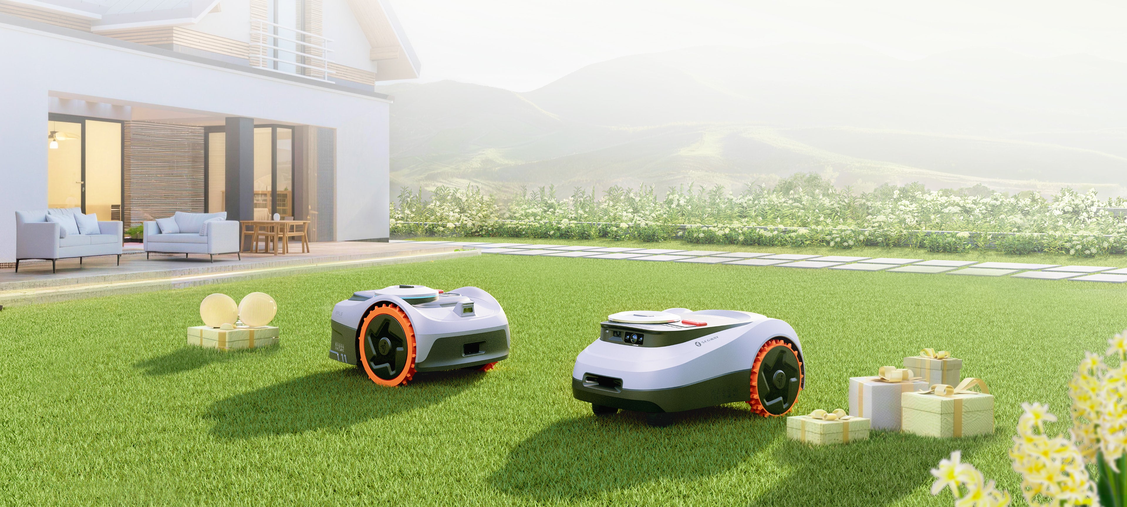 Segway Navimow i105 robot lawn mower in a sunny backyard.