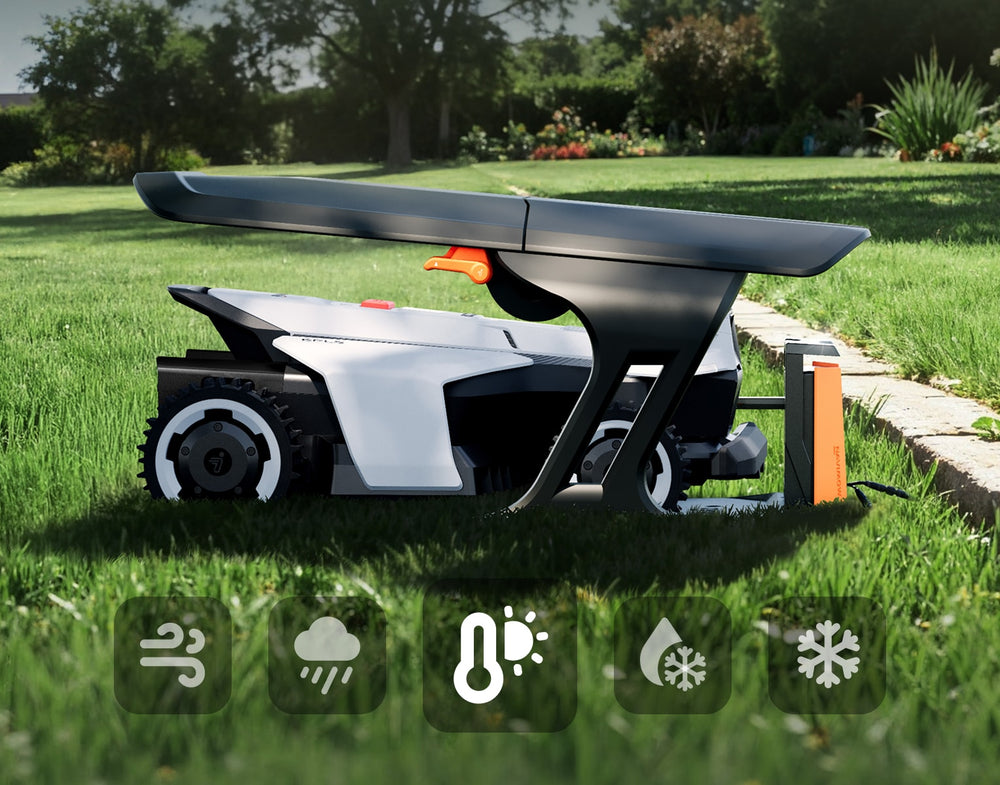 Navimow i110N robot lawn mower parked in its protective garage.