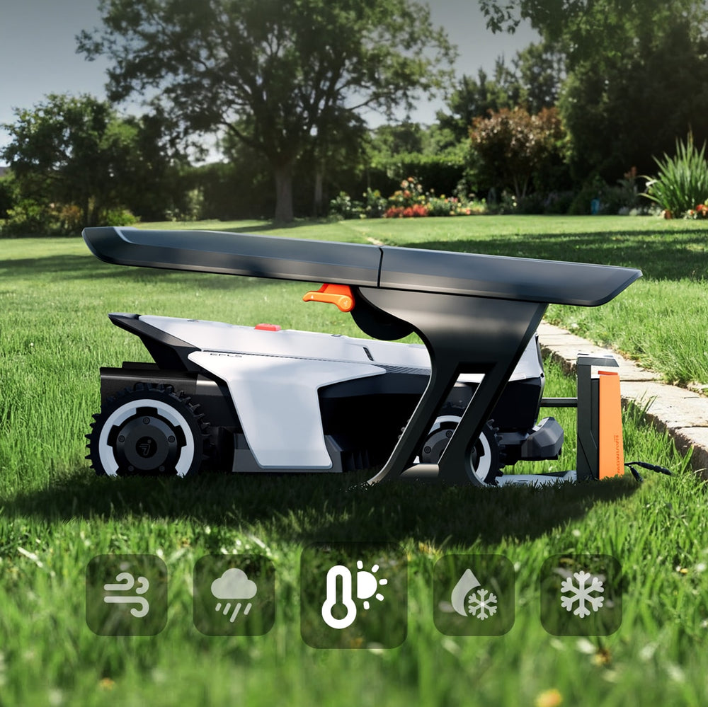 Navimow i110E robot lawn mower stays protected under its roof.