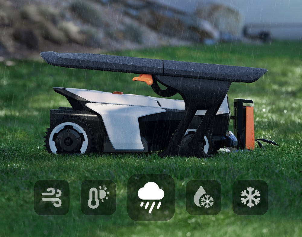 Navimow i110E robot lawn mower is parked in the rain.