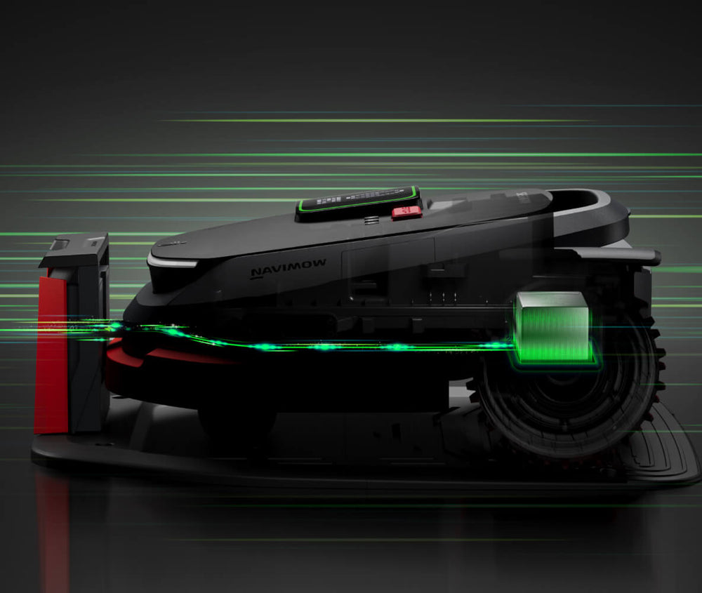 Navimow H Series robot lawn mower sits on its base.