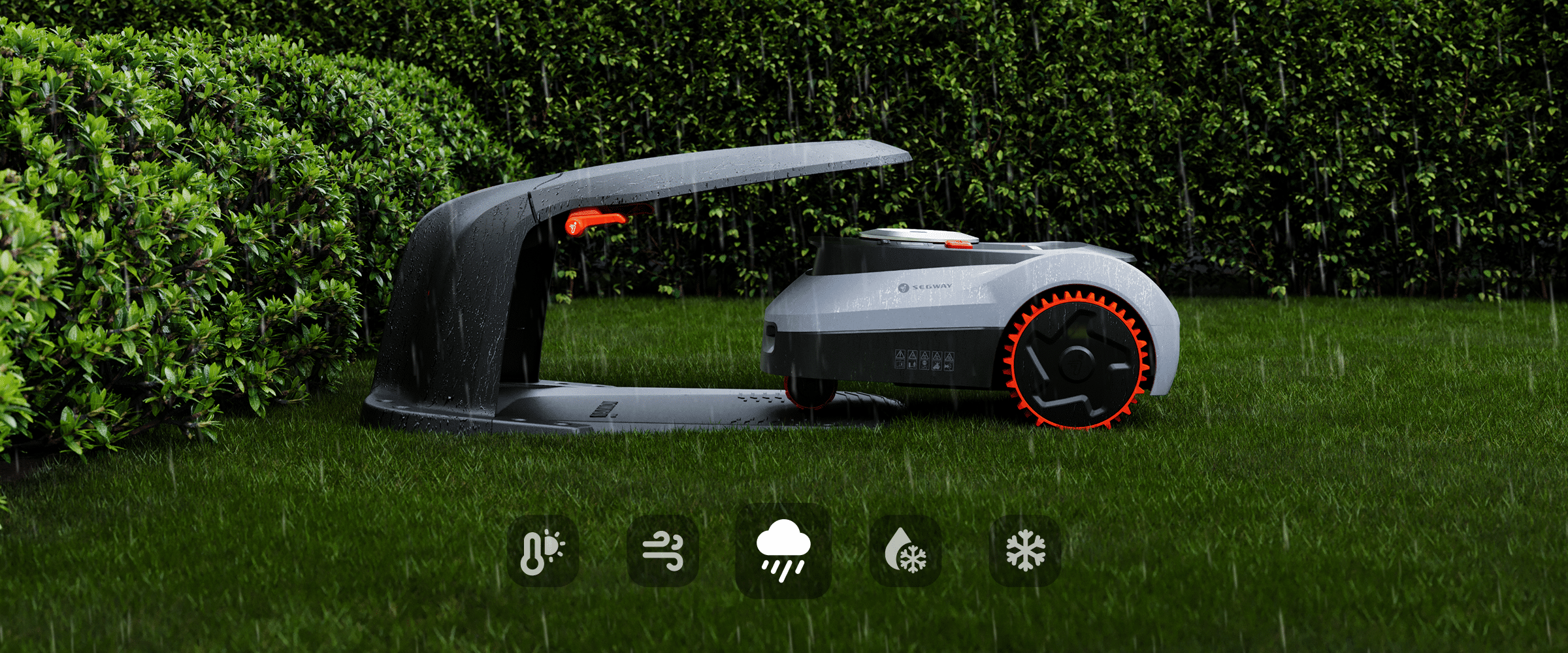 <p>Automatically pauses mowing during heavy rain, snow, frost, strong wind, or extreme heat and returns safely to the dock.</p>