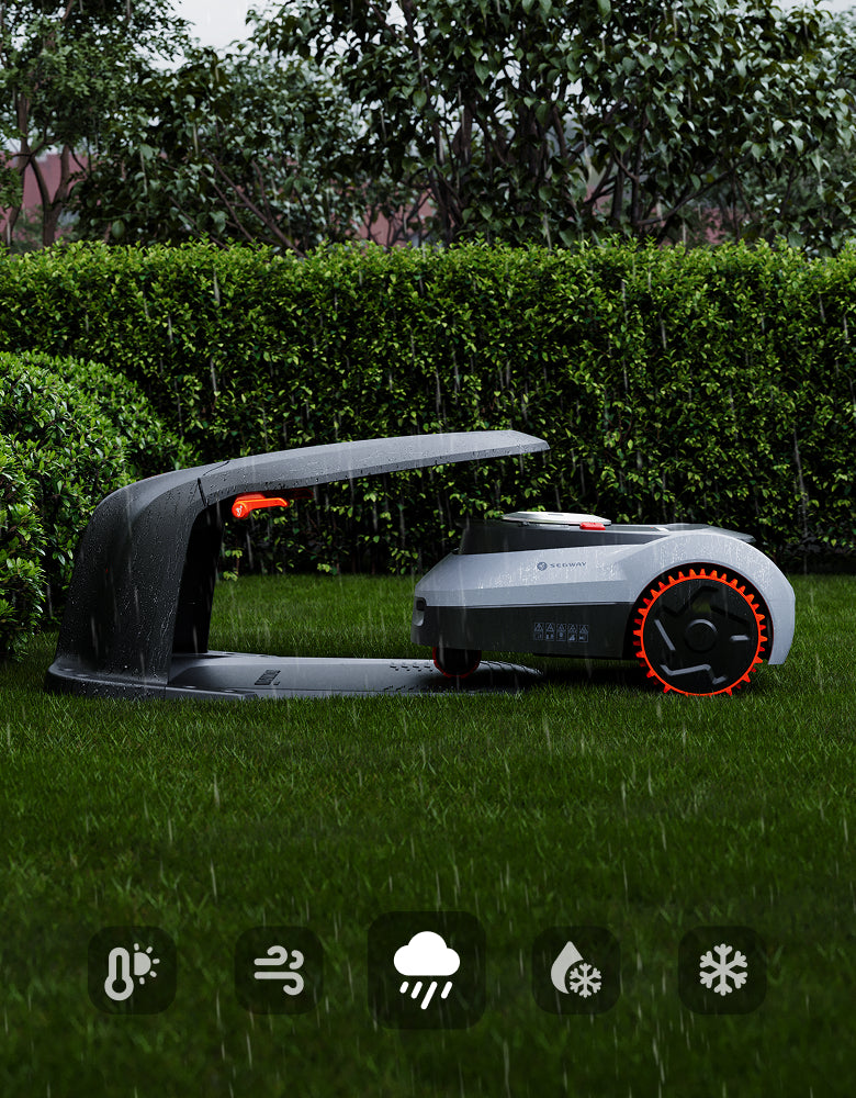 Segway Navimow i110N robot lawn mower parked in the rain.