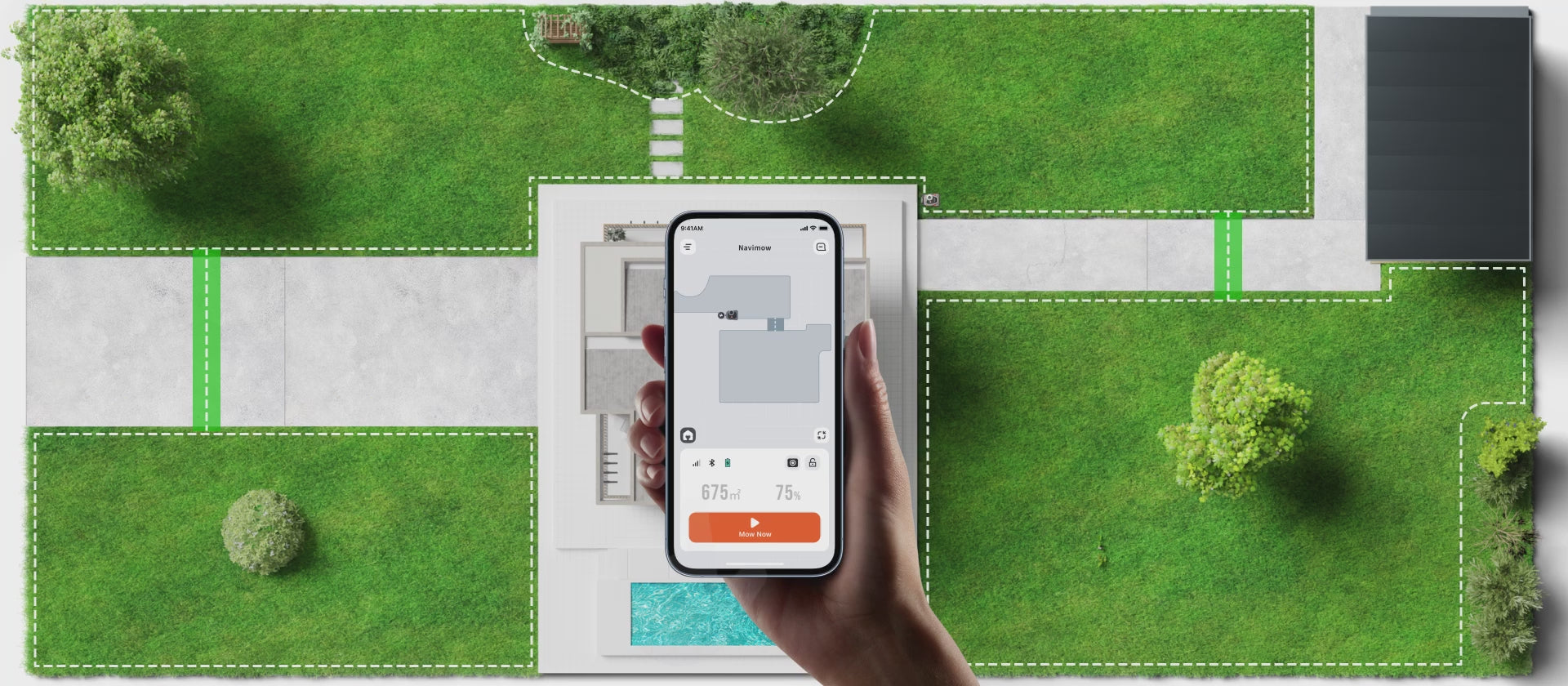 Load video: <p>Remotely start mowing tasks or send mower home</p>