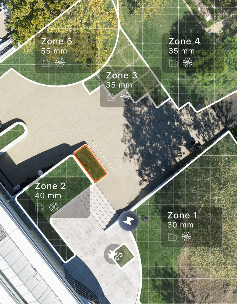 Segway Navimow i105E robot lawn mower app showing garden zones.